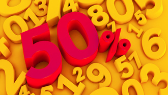 Número cinquenta com o símbolo de percentagem a letras vermelhas grandes no meio de números amarelos.